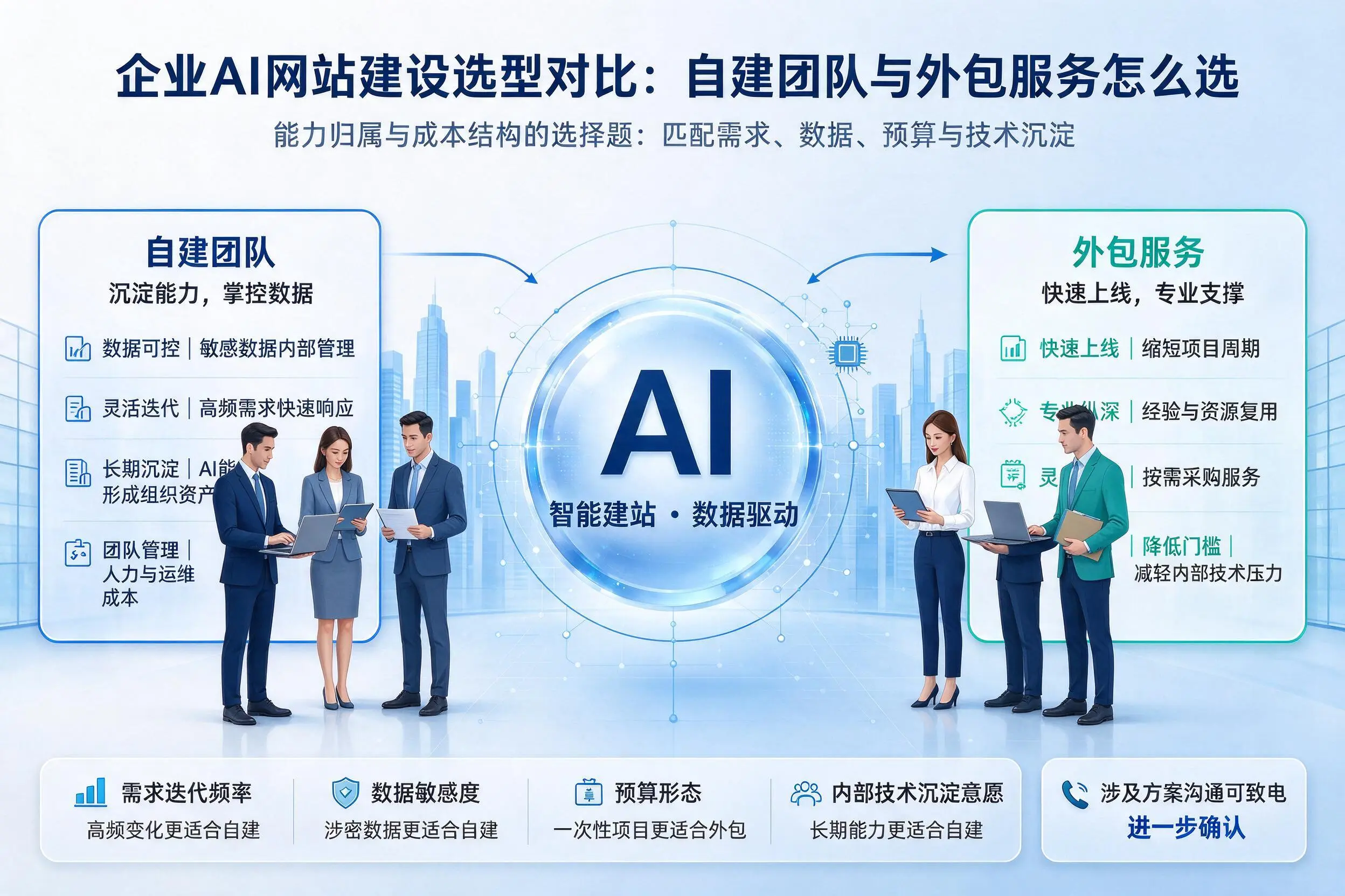 吴忠企业AI网站建设选型对比:自建团队与外包服务怎么选